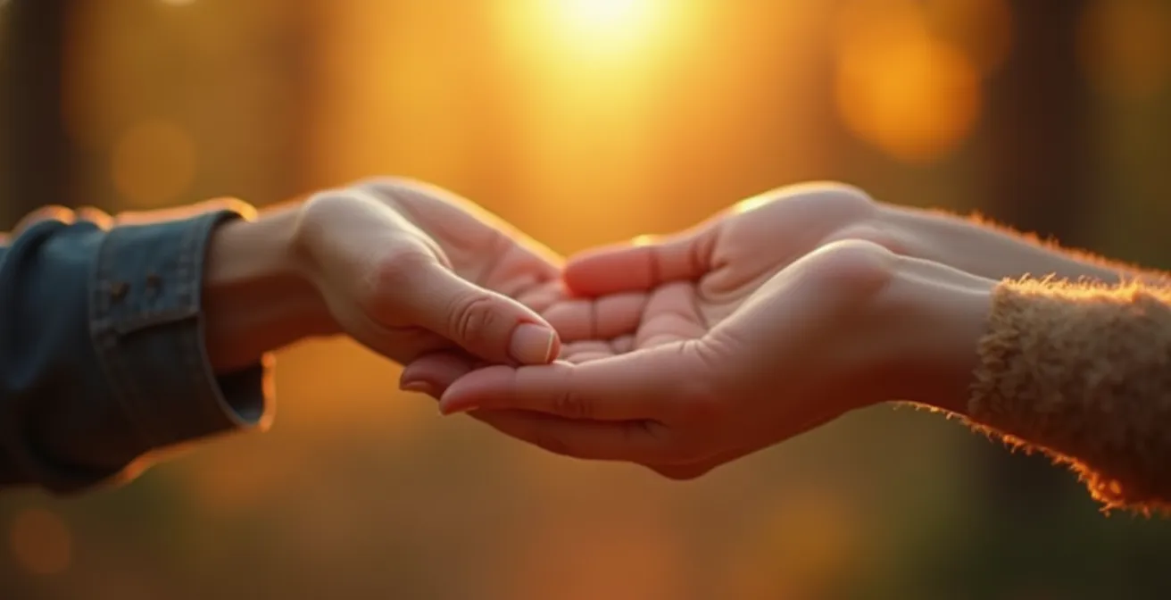 Eine künstlerische Darstellung von zwei Händen, die sich halten, umgeben von sanften Lichtpartikeln und Jahreszeiten-Übergängen symbolisierend die Reise durch eine Beziehung.