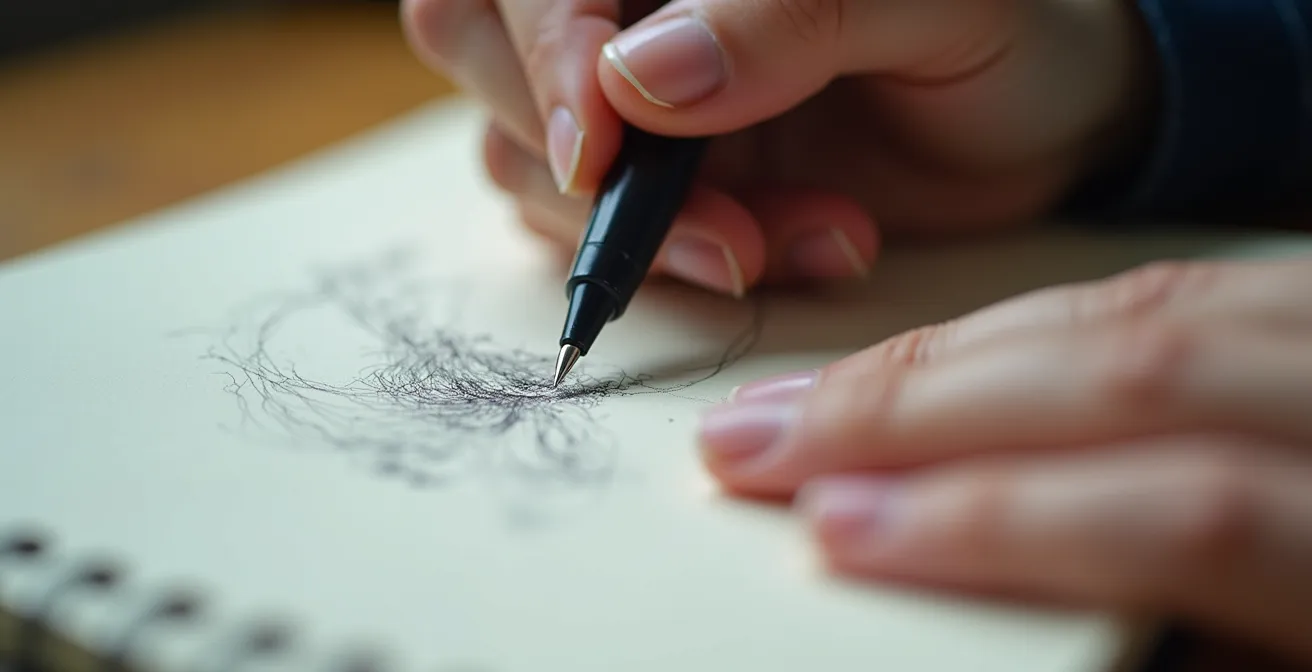 Nahaufnahme von Händen, die liebevolle Details in ein Notizbuch schreiben