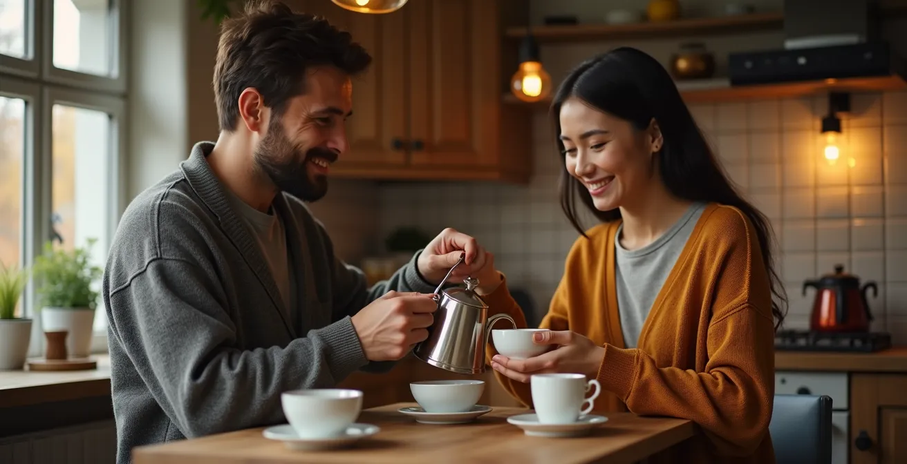 Paar bei gemeinsamem Feierabend-Ritual in gemütlicher Küche