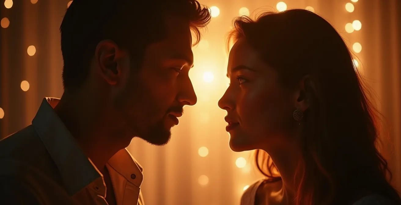 Ein Paar im intimen Moment der gegenseitigen Aufmerksamkeit mit Funkeneffekt symbolisierend die Wiedererweckung der Leidenschaft.