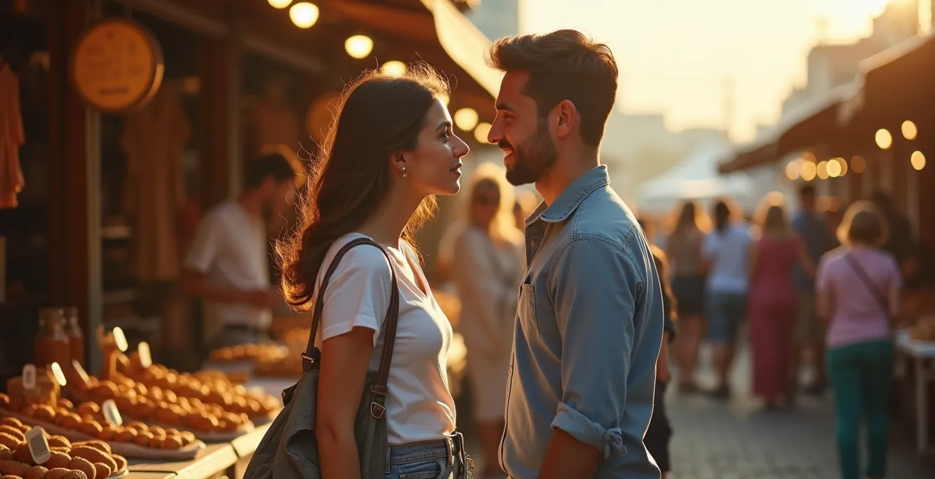 Zwei Menschen genießen gemeinsam ein Wochenend-Erlebnis (Wochenmarkt oder kulturelle Aktivität), wobei ihre Körpersprache und Interaktion ihre gegenseitige Aufmerksamkeit und ernsthafte Absicht zeigen.