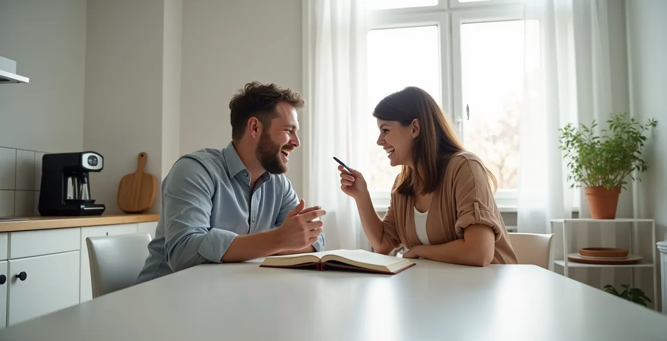Paar schreibt lachend gemeinsam in ein Tagebuch und erschafft so gemeinsame Erinnerungen