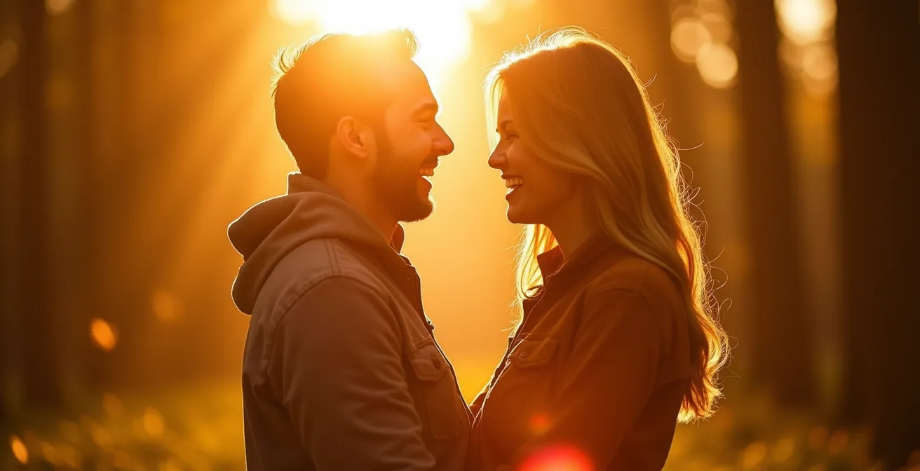 Glückliches Paar lacht ausgelassen in der Natur, ein Symbol für tiefes emotionales Wohlbefinden