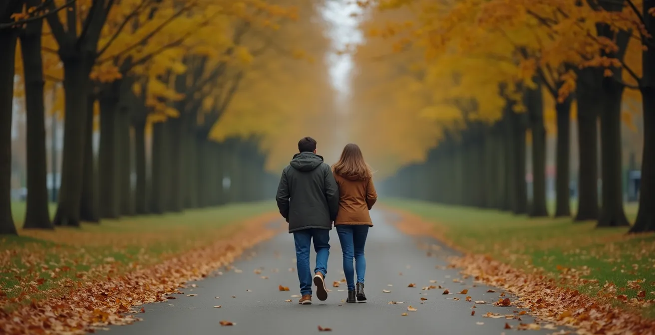 Paar beim Spaziergang im Park führt entspanntes Gespräch nebeneinander