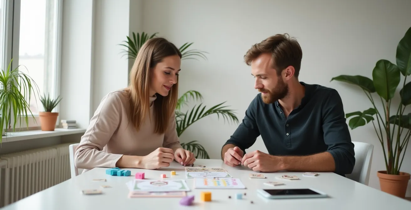 Ein Paar plant gemeinsam spielerische Überraschungen in entspannter Atmosphäre