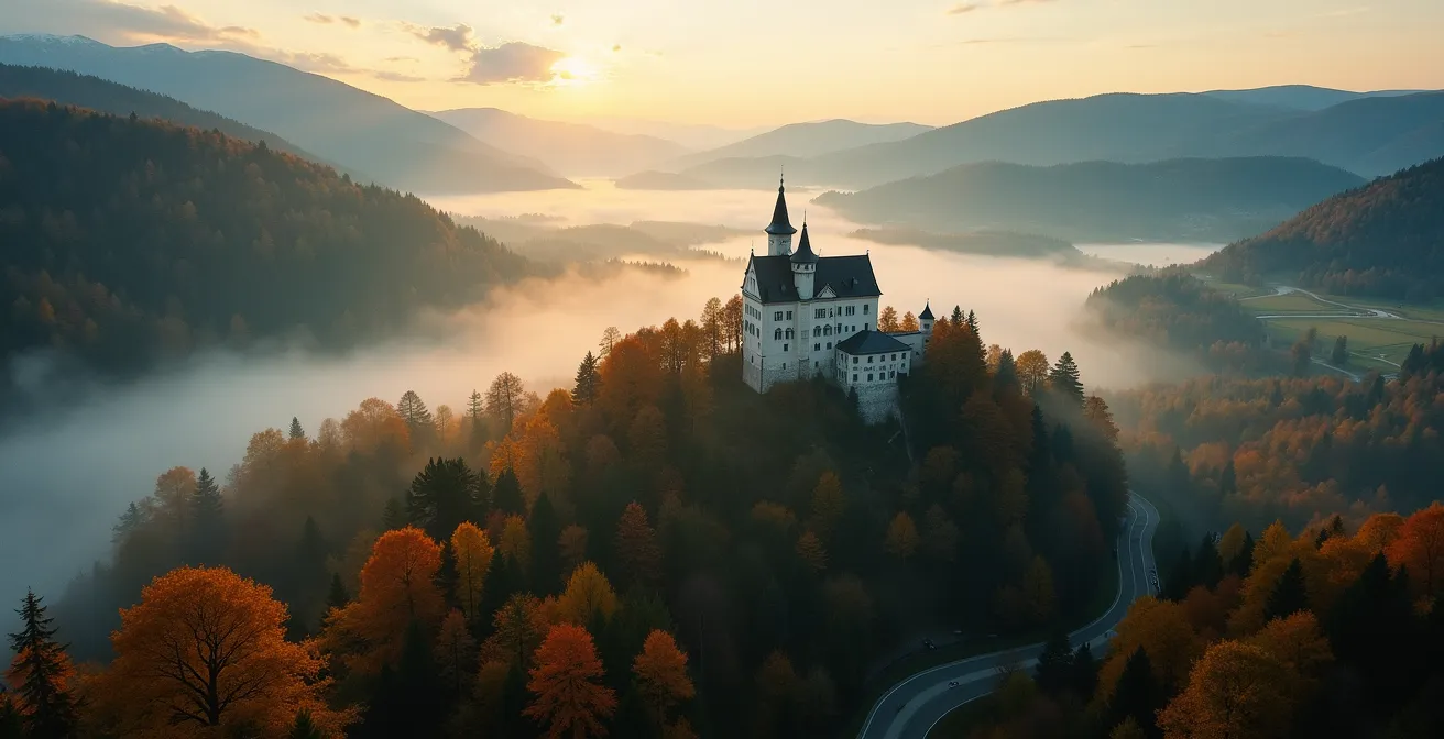 Eine Luftaufnahme einer deutschen Schwarzwaldburg umgeben von Wäldern, mit Herbstlicht - Metapher für Transformation und Wiederaufbau