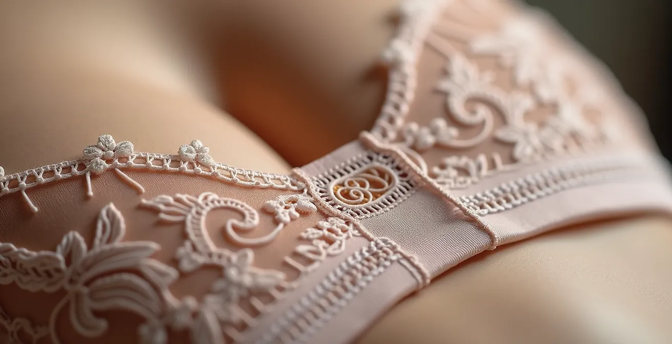 Makroaufnahme hochwertiger Dessous-Details mit Fokus auf Verarbeitung