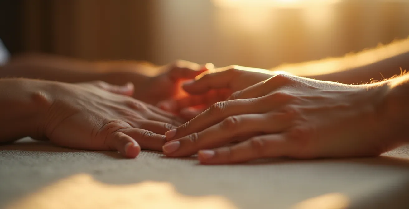 Eine Nahaufnahme zeigt zwei Hände, die sich berühren oder halten, mit unscharfem Hintergrund eines Wohnzimmers. Das Bild symbolisiert den bewussten, absichtsvollen Moment eines Rituals im Gegensatz zur unbewussten Routine.