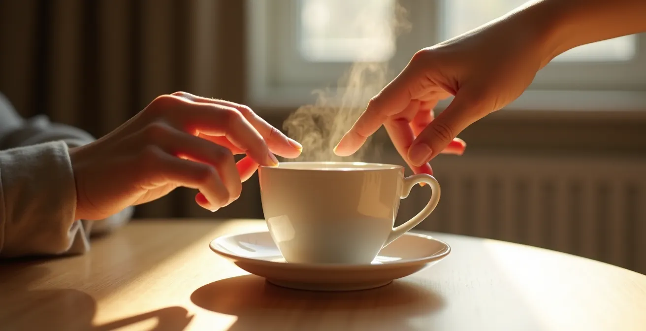 Close-up von zwei Handen, die sich fast berühren über einer dampfenden Kaffeetasse, mit deutscher Modernist-Raumarchitektur im unscharfen Hintergrund