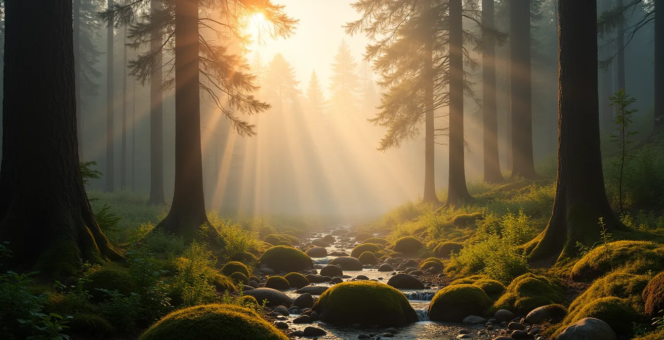 Waldszene mit diffusem Licht, Fichtenduftwolken und warmer Atmosphäre, die die Verschmelzung von Natur und sinnlicher Erfahrung symbolisiert.