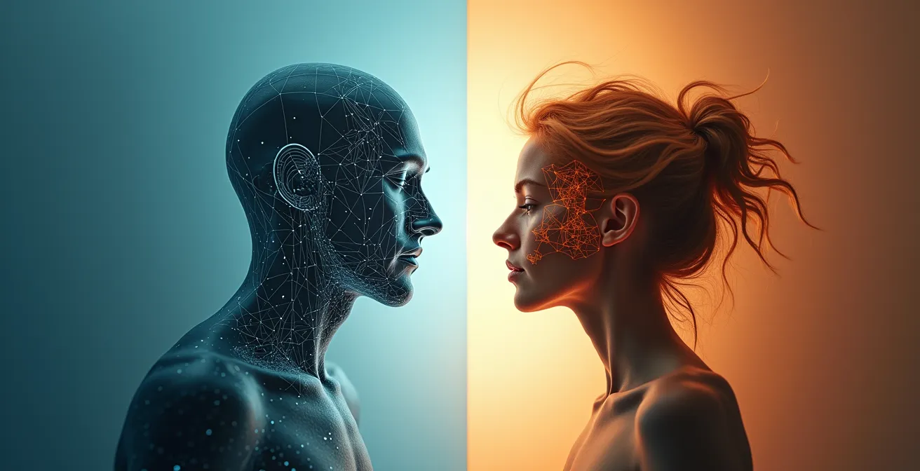 Visualisierung des Kontrastes zwischen analytischer Partnersuche und organischem emotionalem Erleben