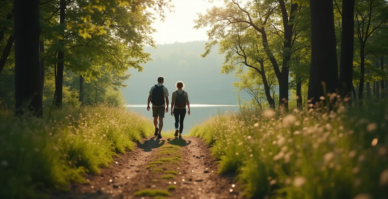 Zwei Menschen wandern nebeneinander auf einem Waldweg, ihre entspannte Körperhaltung und die natürliche Umgebung fördern offene Kommunikation.