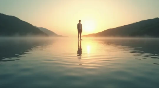 Ruhige Wasserfläche mit Spiegelung eines sich selbst bewussten Menschen, der innere Tiefe und unerschütterliches Selbstvertrauen symbolisiert