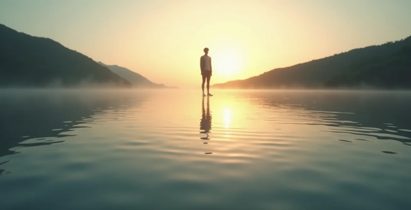 Ruhige Wasserfläche mit Spiegelung eines sich selbst bewussten Menschen, der innere Tiefe und unerschütterliches Selbstvertrauen symbolisiert