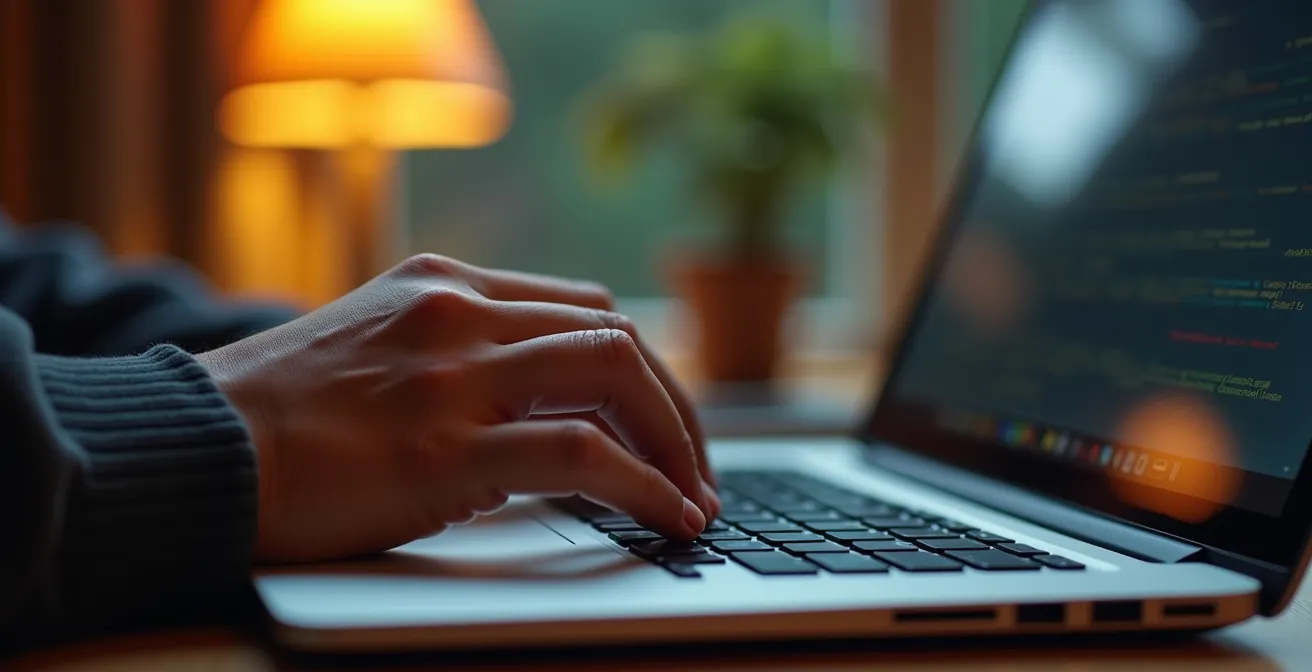 Nahaufnahme eines Laptop-Bildschirms mit unscharfem Hintergrund, der zeigt, wie eine Person ein Dating-Profil durchdacht formuliert, mit Fokus auf die subtile Kommunikation von Beziehungsabsicht.