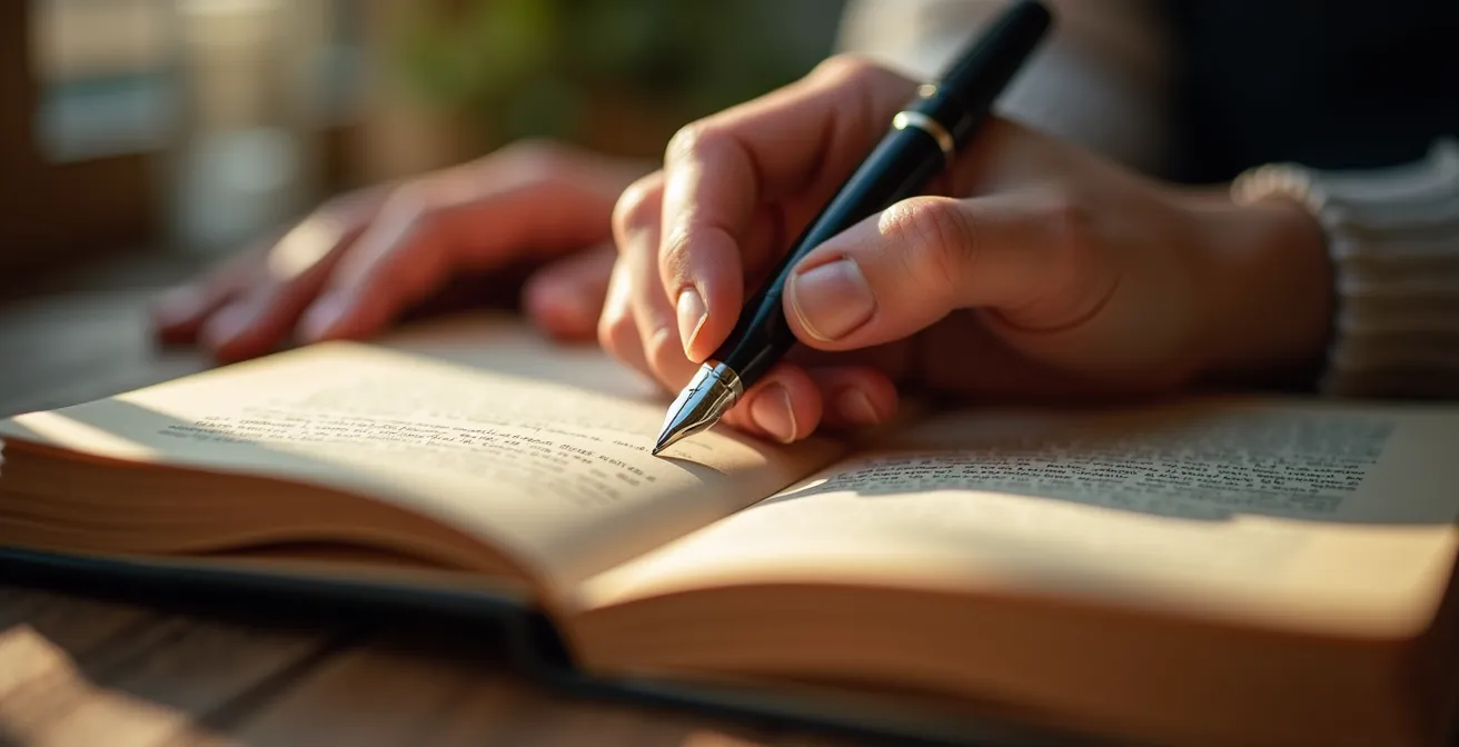 Nahaufnahme einer Hand die in ein Tagebuch schreibt mit warmer Beleuchtung