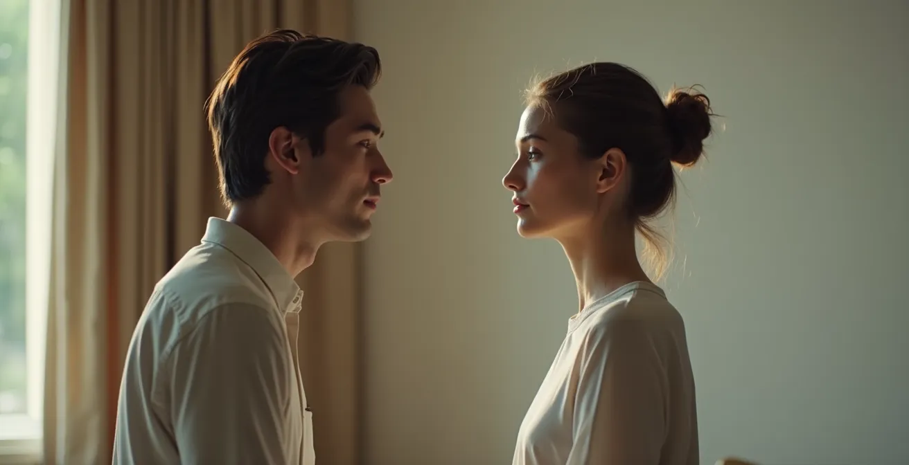 Ein sicherer, ruhiger Raum, in dem ein Paar sich in ruhiger Entspannung in die Augen schaut, beide Personen präsent und vulnerable, ohne Ablenkung oder externe Elemente.