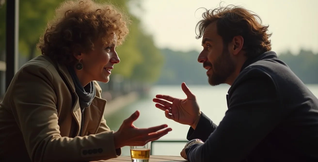 Zwei Personen beim tiefgründigen Gespräch, einer erzählt engagiert von seinen Träumen, der andere hört aufmerksam zu und fragt nach