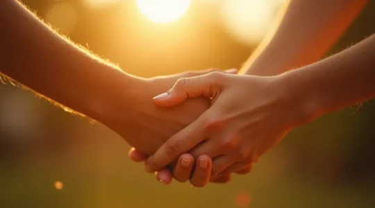 Zwei Hände halten sich sanft während eines warmen Sonnenuntergangs in einer minimalistischen, naturalen Komposition.