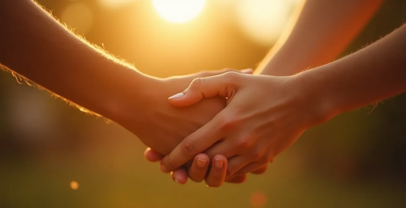 Zwei Hände halten sich sanft während eines warmen Sonnenuntergangs in einer minimalistischen, naturalen Komposition.