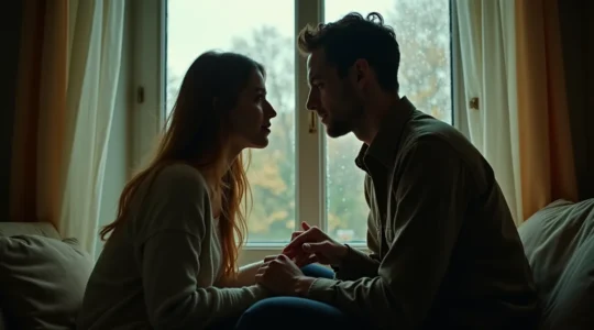 Ein Paar in einem intimen Moment, das die Brücke zwischen flüchtiger Verliebung und tiefer emotionaler Verbindung darstellt, mit subtilen deutschen Kulturrefelenzen wie Herbstlandschaft im Hintergrund.