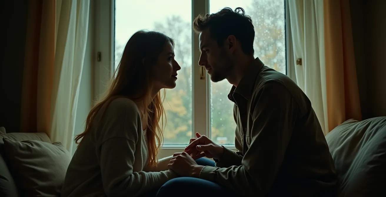 Ein Paar in einem intimen Moment, das die Brücke zwischen flüchtiger Verliebung und tiefer emotionaler Verbindung darstellt, mit subtilen deutschen Kulturrefelenzen wie Herbstlandschaft im Hintergrund.