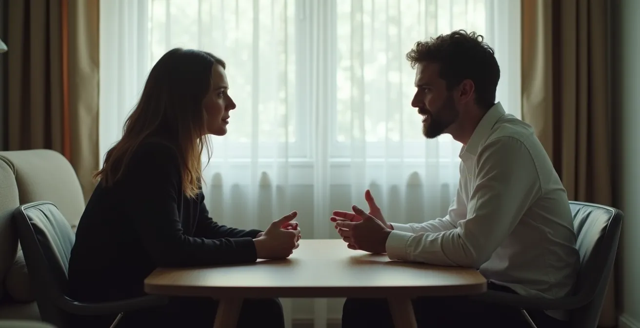 Ein Moment der Verletzlichkeit zwischen zwei Menschen, die ein ernsthaftes Gespräch führen, mit offener Körpersprache und authentischer Emotionalität.